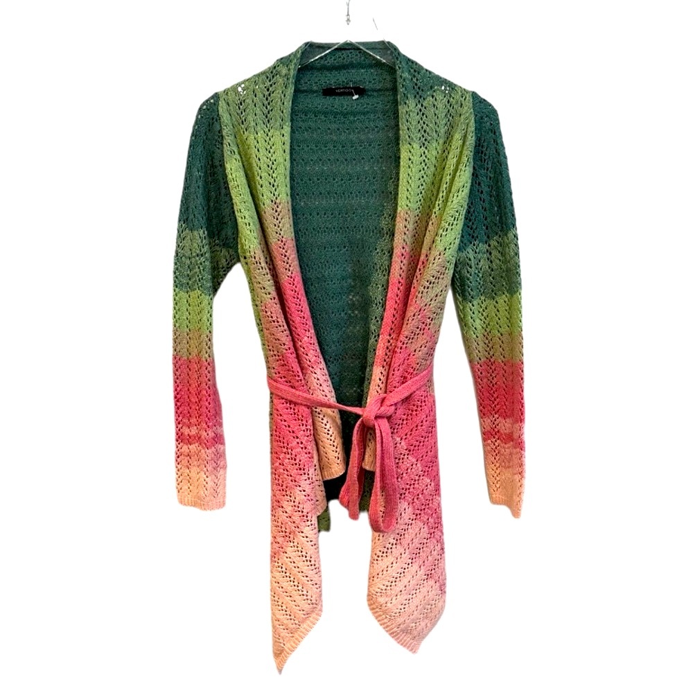 Vertigo Pink Green Dipped Dye Ombre Crochet Knit Pointelle Open Front Cardigan